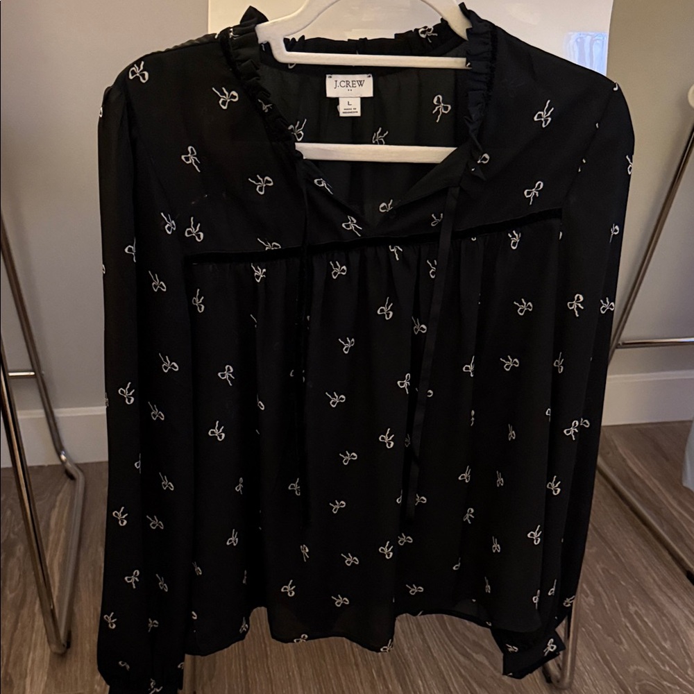 J. Crew Factory Black Blouse with White Bow Print and Ruffle Tie Neck